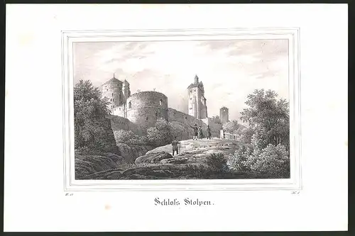 Lithographie Stolpen, Wandersleute am Schloss, Lithographie um 1835 aus Saxonia, 28 x 19cm