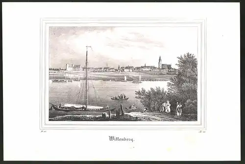 Lithographie Wittenberg, Flusspartie gegen Stadt, Lithographie um 1835 aus Saxonia, 28 x 19cm