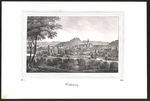 Lithographie Coburg, Totalansicht mit Fernblick, Lithographie um 1835 aus Saxonia, 28 x 19cm