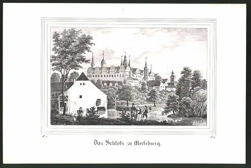 Lithographie Merseburg, Ortspartie mit Schloss, Lithographie um 1835 aus Saxonia, 28 x 19cm