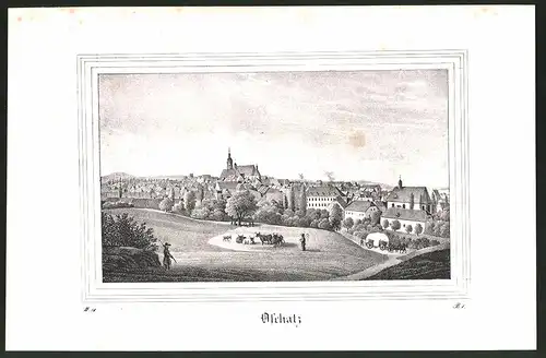 Lithographie Oschatz, Gesamtansicht mit Kirche, Lithographie um 1835 aus Saxonia, 28 x 19cm