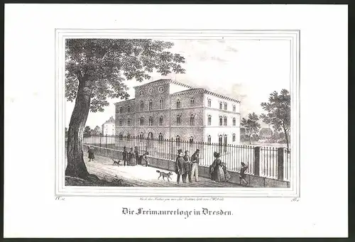 Lithographie Dresden, Freimaurerloge, Lithographie um 1835 aus Saxonia, 28 x 19cm