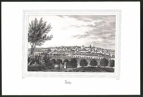 Lithographie Zeitz, Totalansicht mit Kirchtürmen, Lithographie um 1835 aus Saxonia, 28 x 19cm