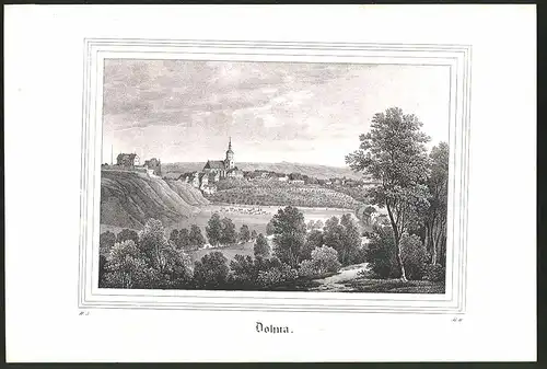 Lithographie Dohna, Gesamtansicht mit Kirche, Lithographie um 1835 aus Saxonia, 28 x 19cm