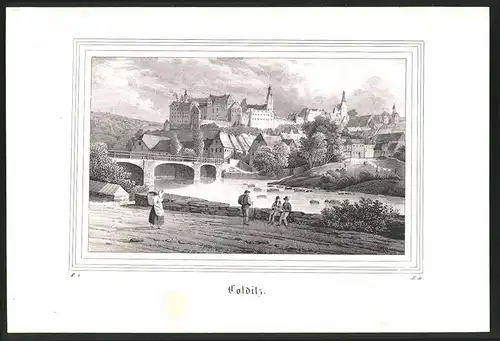 Lithographie Colditz, Flusspartie mit Schloss, Lithographie um 1835 aus Saxonia, 28 x 19cm