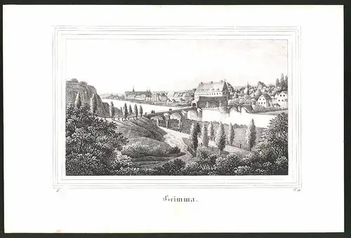 Lithographie Grimma, Flusspartie mit Brücke, Lithographie um 1835 aus Saxonia, 28 x 19cm