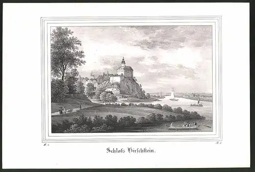 Lithographie Hirschstein, Flusspartie mit Schloss, Lithographie um 1835 aus Saxonia, 28 x 19cm