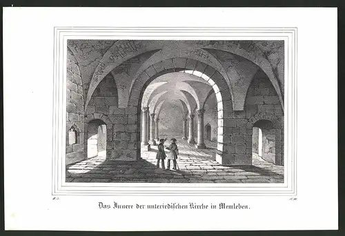 Lithographie Memleben, Das Innere der unterirdischen Kirche, Lithographie um 1835 aus Saxonia, 28 x 19cm