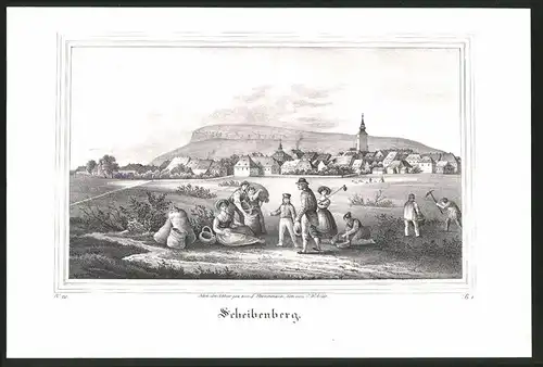 Lithographie Scheibenberg, Ortsansicht mit Berg, Lithographie um 1835 aus Saxonia, 28 x 19cm