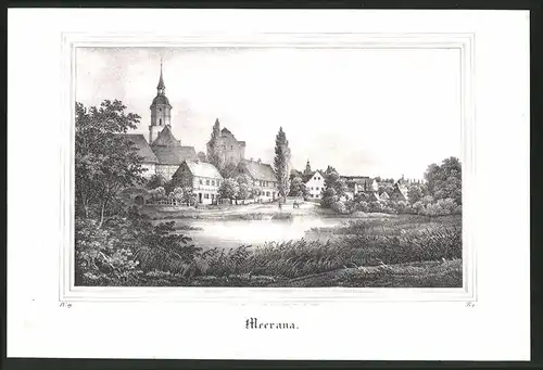 Lithographie Merrane, Teich gegen Kirchturm, Lithographie um 1835 aus Saxonia, 28 x 19cm