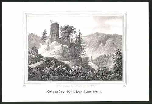 Lithographie Lauterstein, Ruinen des Schlosses, Lithographie um 1835 aus Saxonia, 28 x 19cm
