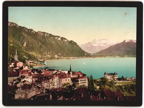 Fotografie Photochrom Zürich, Ansicht Montreux, Stadtansicht mit Landschaftspanorama