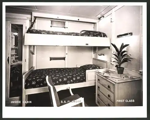 Fotografie Dampfer S.S. Flandre, Kabine der 1. Klasse mit Etagenbett, Grossformat 25 x 20cm