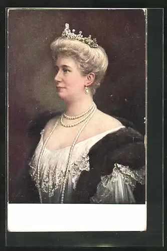 AK Kaiserin Auguste Victoria Königin von Preussen im Pelzmantel, Perlenschmuck