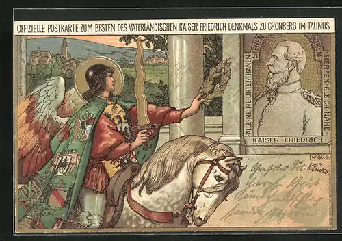 Künstler-AK Cronberg im Taunus, Denkmal Friedrich Wilhelm III. von Preussen, Engel mit Kranz auf einem Pferd