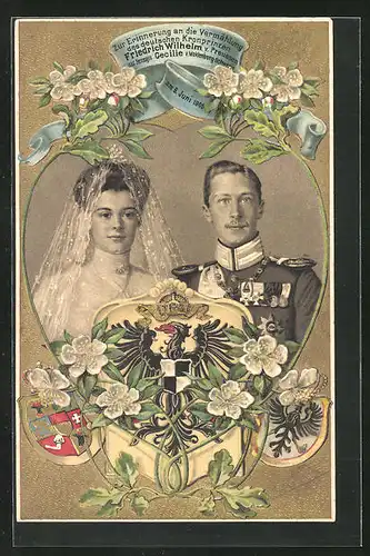 Präge-AK Erinnerung an Hochzeit von Kronprinz Wilhelm von Preussen 1905