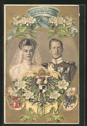 Präge-AK Erinnerung an Hochzeit von Kronprinz Wilhelm von Preussen 1905 mit Wappen