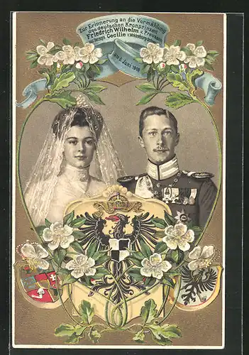Präge-AK Erinnerung an Hochzeit von Kronprinz Wilhelm von Preussen 1905 mit Wappen