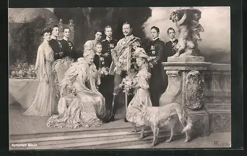 AK Mädchen mit Blumen vor Auguste Victoria und Wilhelm II. von Preussen