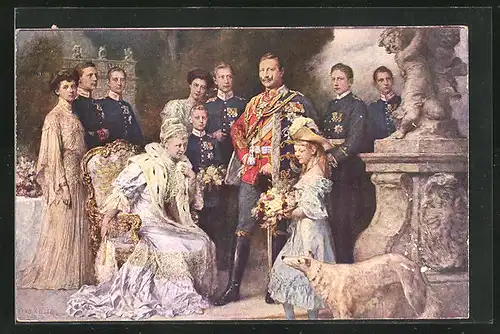 AK Mädchen mit Blumen vor Auguste Victoria und Wilhelm II. von Preussen