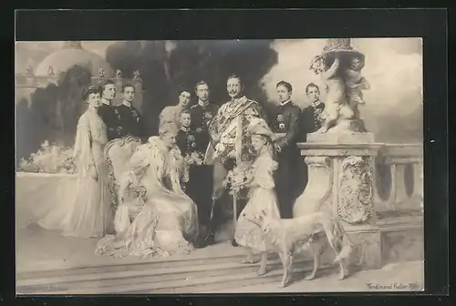 AK Mädchen mit Blumen vor Auguste Victoria und Wilhelm II. von Preussen