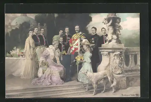 AK Mädchen mit Blumen vor Auguste Victoria und Wilhelm II. von Preussen
