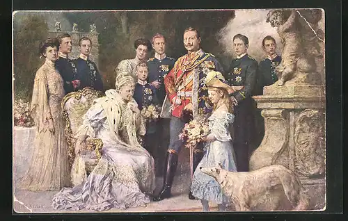 AK Mädchen mit Blumen vor Auguste Victoria und Wilhelm II. von Preussen