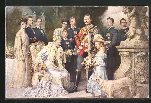 AK Mädchen mit Blumen vor Auguste Victoria und Wilhelm II. von Preussen