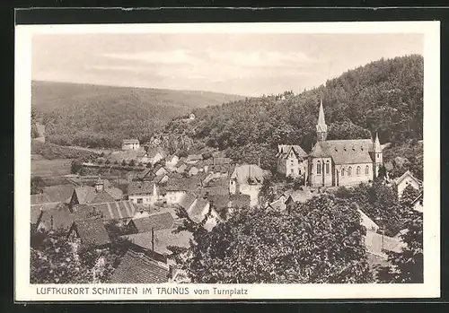 AK Schmitten im Taunus, Teilansicht mit Kirche vom Turnplatz aus gesehen