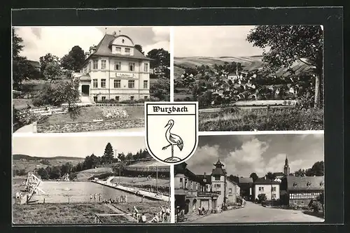 AK Wurzbach /Thür., Kurhaus, Schwimmbad, Strassenpartie mit Gebäudeansicht