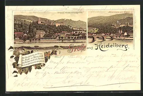 Lithographie Heidelberg, Schloss von der Hirschgasse, Neckarbrücke, Weinrebe
