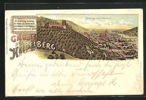 Lithographie Heidelberg, von der Terrasse gesehen