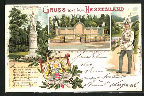 Lithographie Kassel /Hessen, Denkmal des Kurfürsten Friedrich Wilhelm I., KUrhess. Garde du Corps (1866)