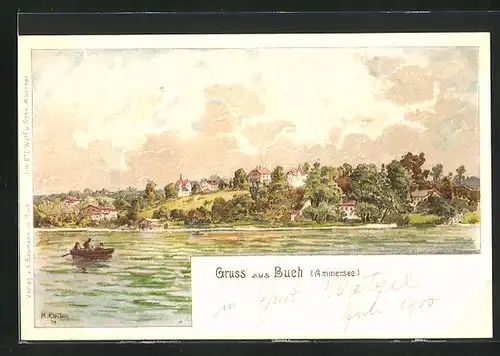 Lithographie Buch /Ammersee, Ortsansicht vom See aus
