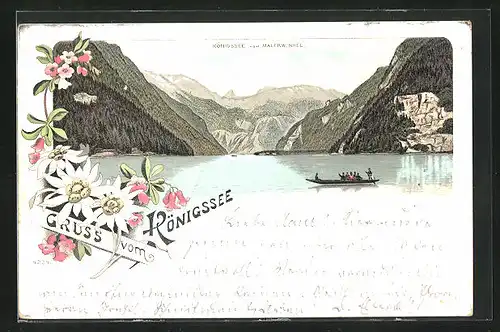 Lithographie Königssee, Der See vom Malerwinkel aus