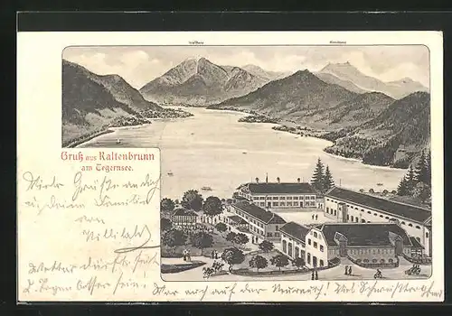 AK Kaltenbrunn am Tegernsee, Ortspartie mit Blick über den See auf Wall- und Hirschberg