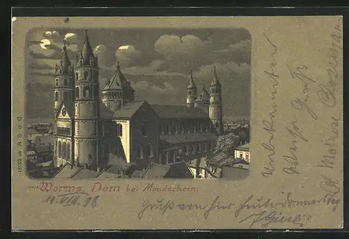Mondschein-Lithographie Worms, Dom bei Nacht