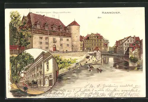 Lithographie Hannover, Beguinenthurm, Arbeiter-Vereinshaus