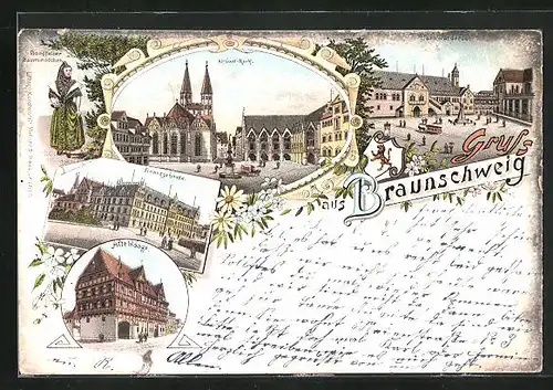 Lithographie Braunschweig, Altstadt-Markt, Finanzgebäude, Alte Waage