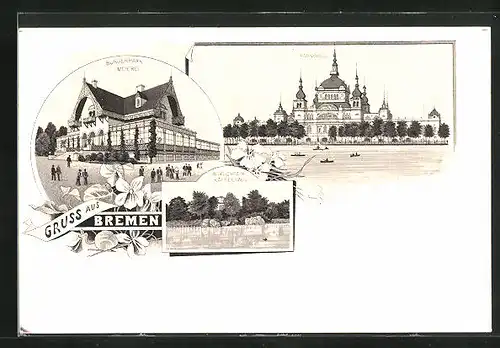 Lithographie Bremen, Bürgerpark Kaffeehaus, Meierei, Parkhaus