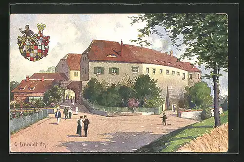 Künstler-AK Kitzingen /Unterfrkn., Schlossgut Schwanberg und Wappen