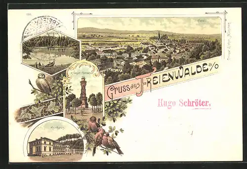 Lithographie Freienwalde /Oder, Kriegerdenkmal, Kurhaus, Eule