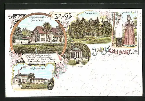 Lithographie Bad Nenndorf, Hotel Schaumburg von H. Falke, Kgl. Schlammbad, Nenndorfer Trachten