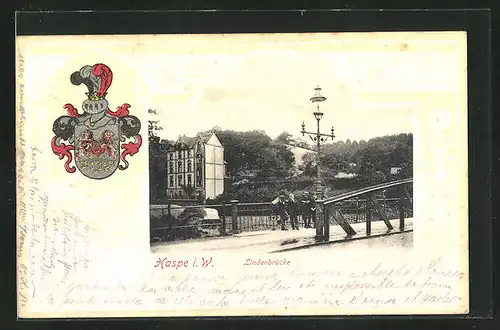 AK Haspe i. W., Lindenbrücke mit Laterne, geprägter Rahmen mit Wappen