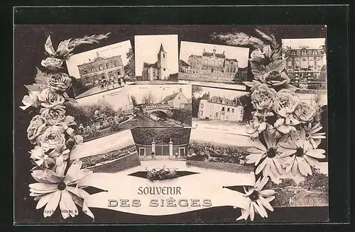 AK Les Sièges, La Mairie, L`Eglise, Le Chateau, Le Pont, Vue Générale