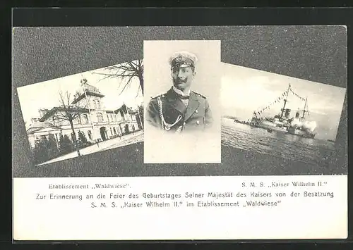 AK Kiel, Restaurant Waldwiese, Kriegsschiff SMS Kaiser Wilhelm II.