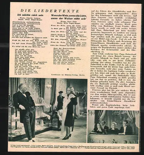 Filmprogramm Programm von Heue Nr. 659, Das himmelblaue Abendkleid, Albert Matterstock, Käthe Haack, Regie: Erich Engels