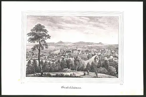 Lithographie Grossschönau, Gesamtansicht mit Fernblick, Lithographie um 1835 aus Saxonia, 28 x 19cm