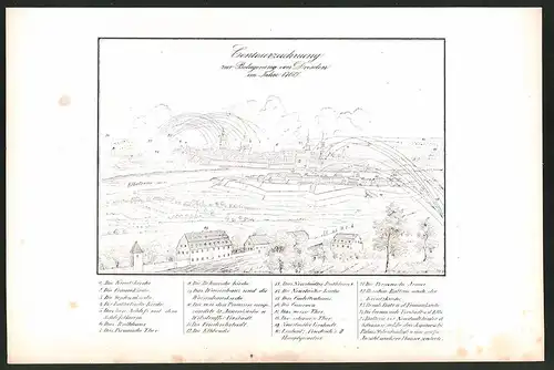 Lithographie Dresden, Contourzeichnung zur Belagerung 1760, Lithographie um 1835 aus Saxonia, 28 x 19cm