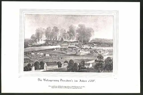 Lithographie Dresden, Belagerung 1760, Lithographie um 1835 aus Saxonia, 28 x 19cm
